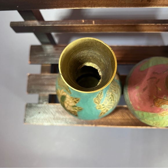 Set Of 2 Small Vintage Indian Brass Cloisonne Vases - Picture 5 of 10